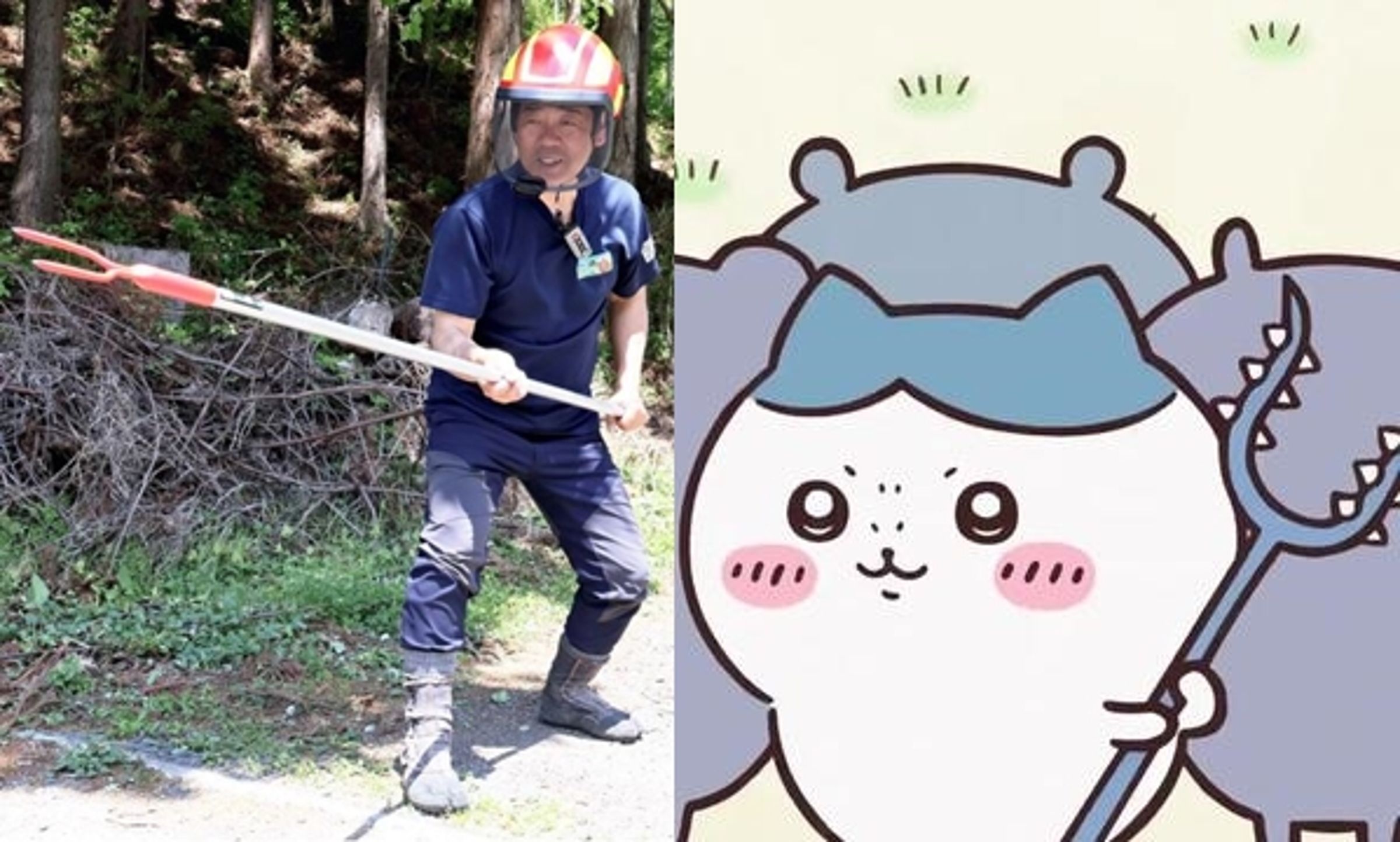 這款驅熊防衛桿在網路上爆紅,簡直像極了超人氣動漫《吉伊卡哇》中角色所使用的武器「討伐棒」。(翻攝自讀賣新聞、網路畫面)