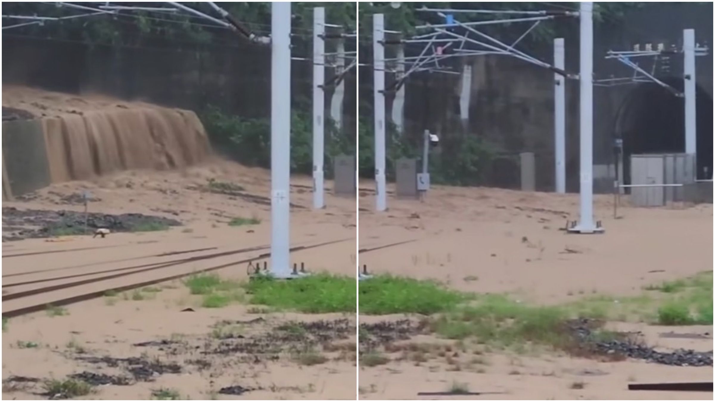 大豪雨狂炸,台鐵南迴線土石滑落、水淹軌道。(翻攝宜花東災害通報臉書)