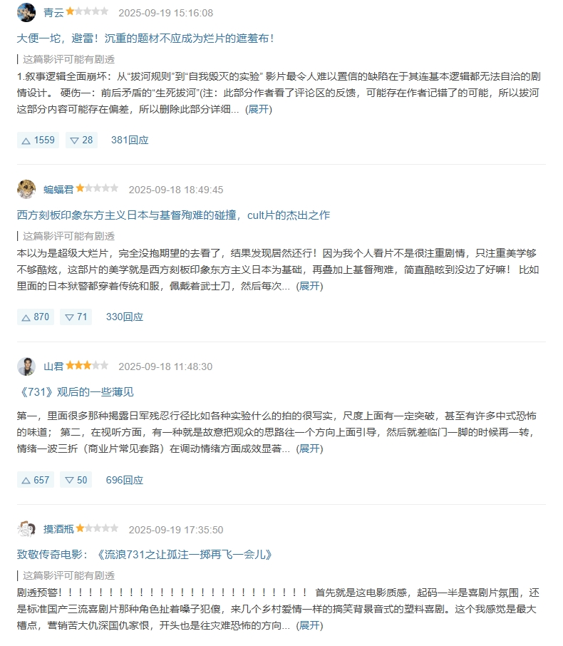 《731》在豆瓣上獲得大量負評。（翻攝自豆瓣）