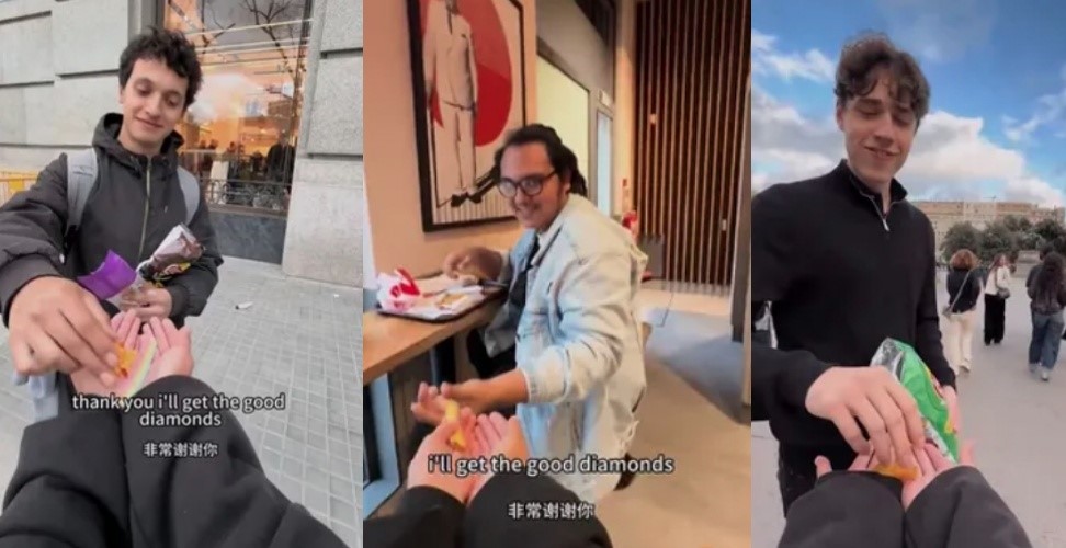 中國女子卡婭在西班牙街頭拍攝「假冒日本人乞討」影片，宣稱利用日本身分極易獲得陌生人援助。（翻攝自X）