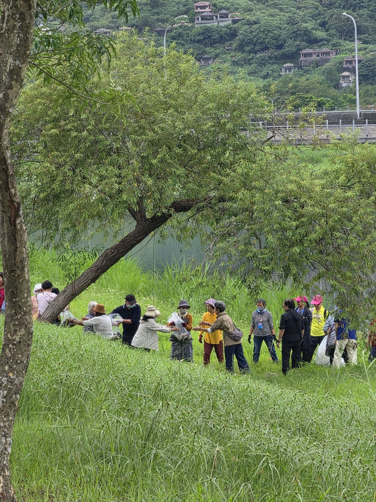 現場不僅有法師穿著法衣全程誦經，信眾更排成一條「放生人龍」，以接力方式將一袋袋生物倒入河中。（翻攝自宜蘭知識+臉書）