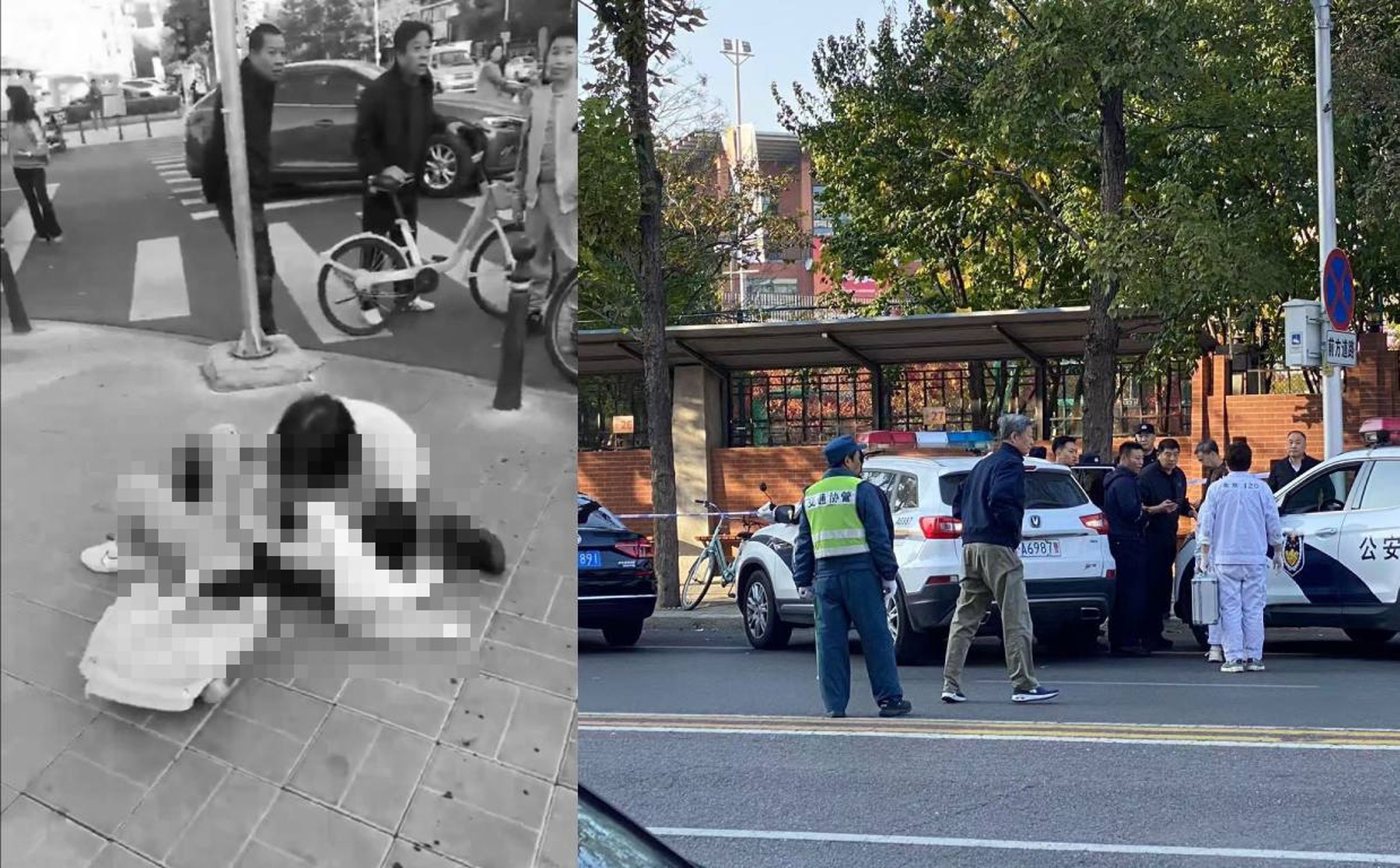北京富人區發生砍人意外後，中國公安派駐警車維穩。圖為昨下午事發畫面。（翻攝X「李老師不是你老師」）