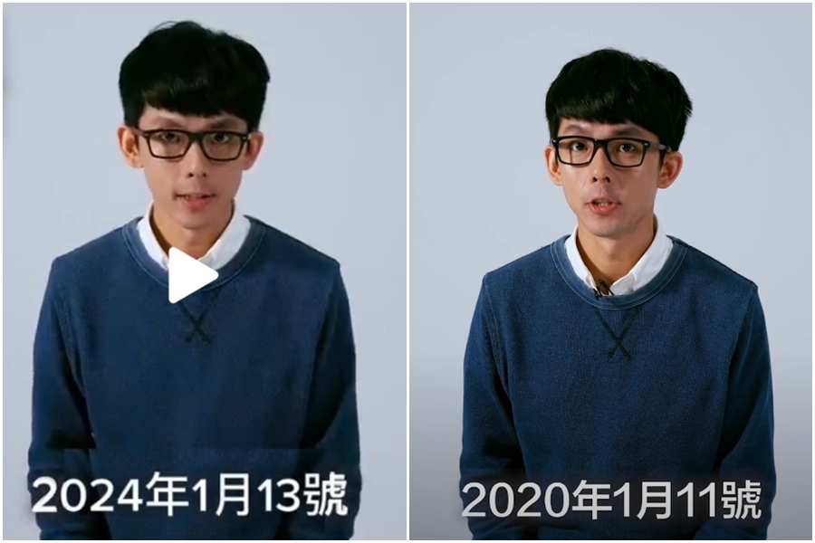 阿滴曾在2019年底邀請28位網紅錄製呼籲粉絲返鄉投票影片（右圖），TikTok上竟出現假冒版本（左圖）。（翻攝自TikTok、阿滴英文YT頻道）