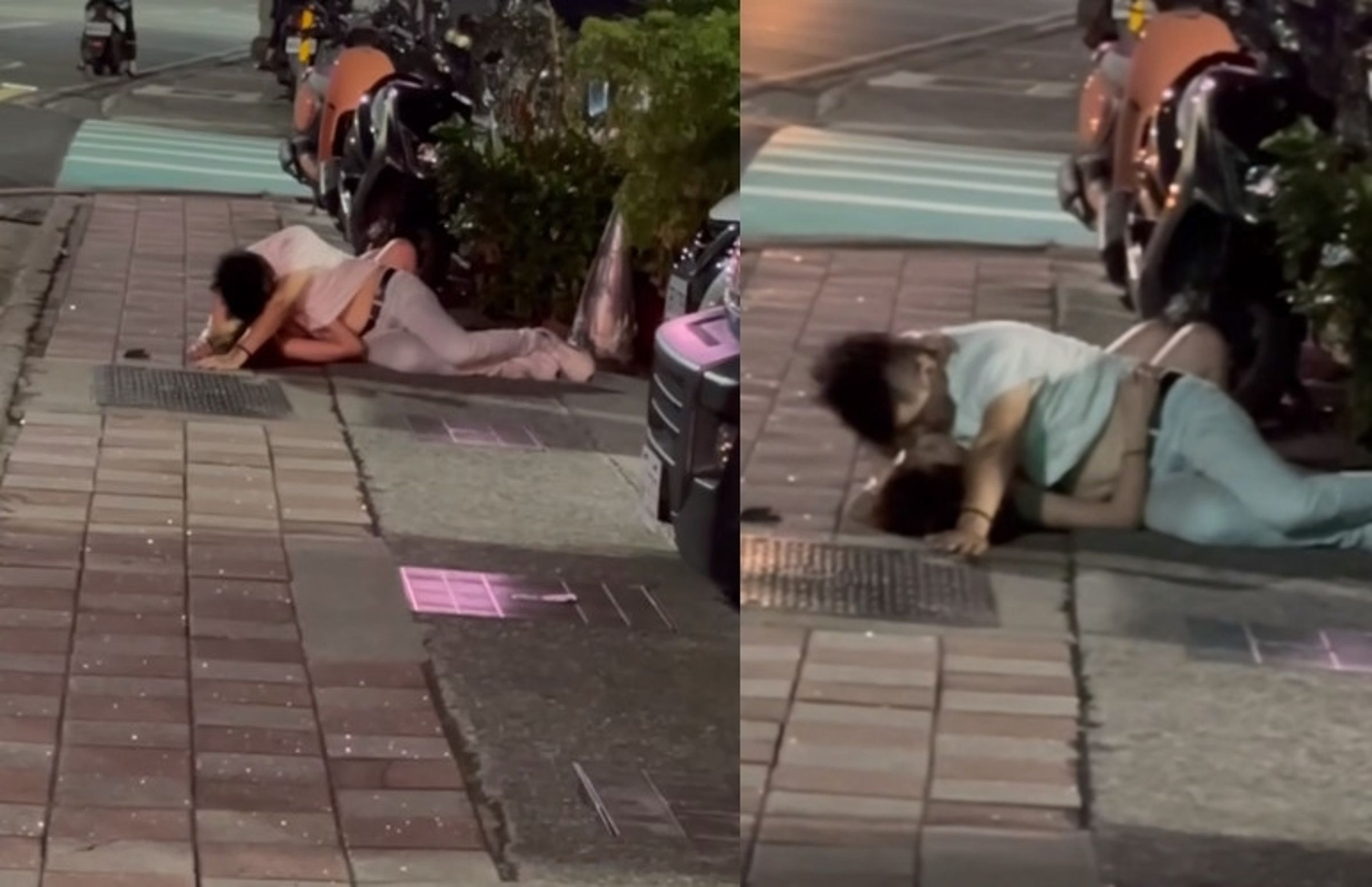 一對男女躺在人行道上，以男上女下姿勢激吻。（翻攝臉書社團「爆廢公社」）