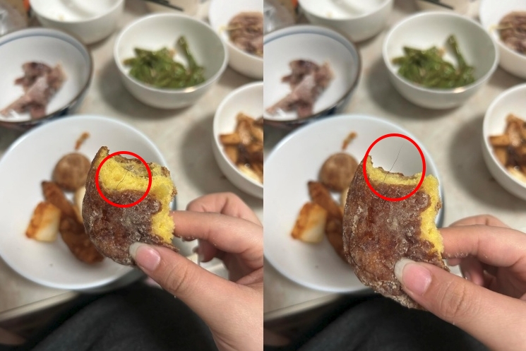 一名網友在Threads指出,咬下去I’m donut?甜甜圈竟發現有一根卡在裡面的毛髮。(翻攝自Threads@huelshd)