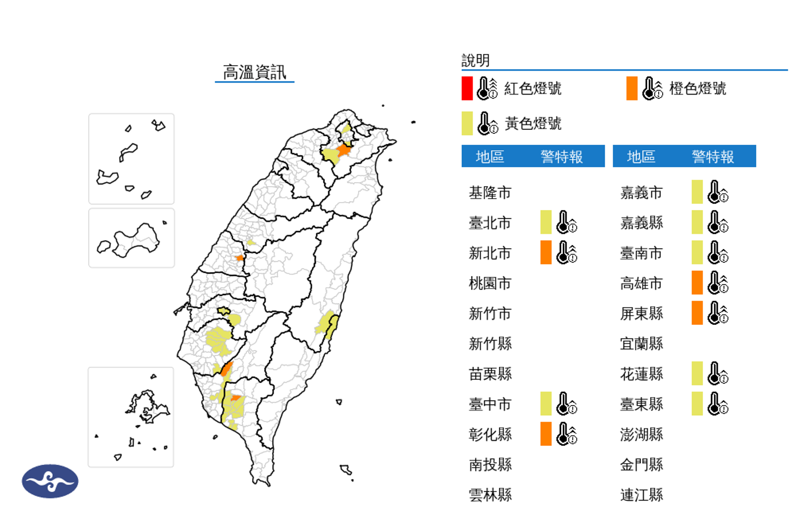 今日天氣晴朗炎熱,11縣市出現高溫警報,其中新北市、彰化縣、高雄市、屏東縣為橙色燈號。(氣象署提供)