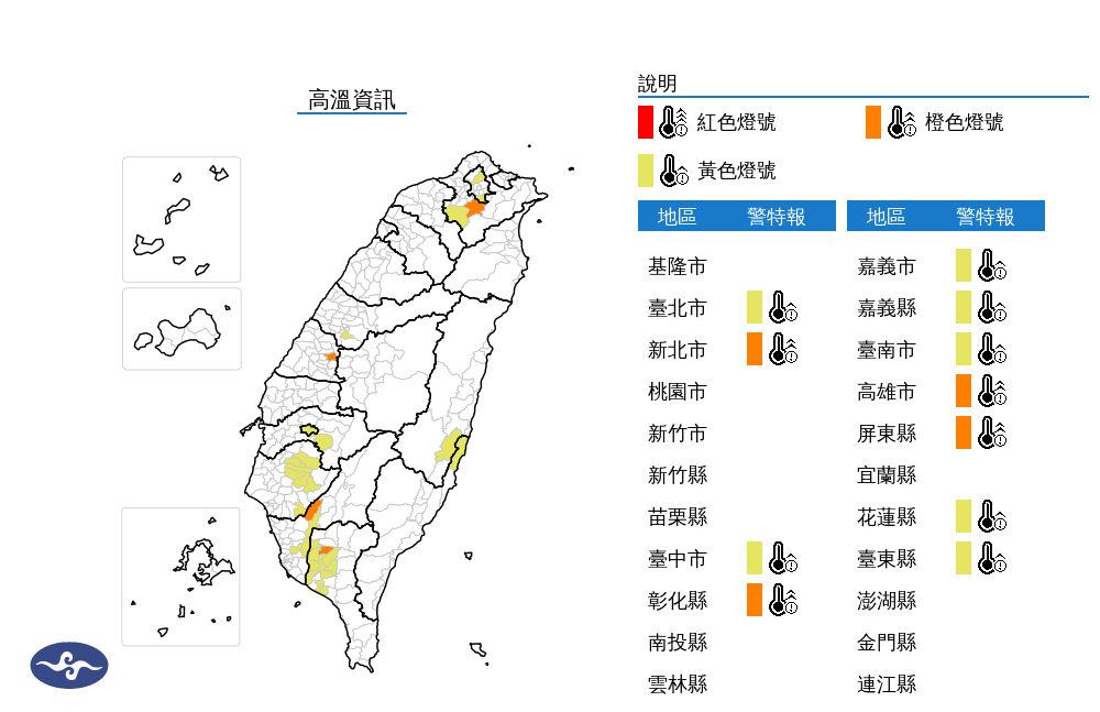 今日天氣晴朗炎熱，11縣市出現高溫警報，其中新北市、彰化縣、高雄市、屏東縣為橙色燈號。（氣象署提供）