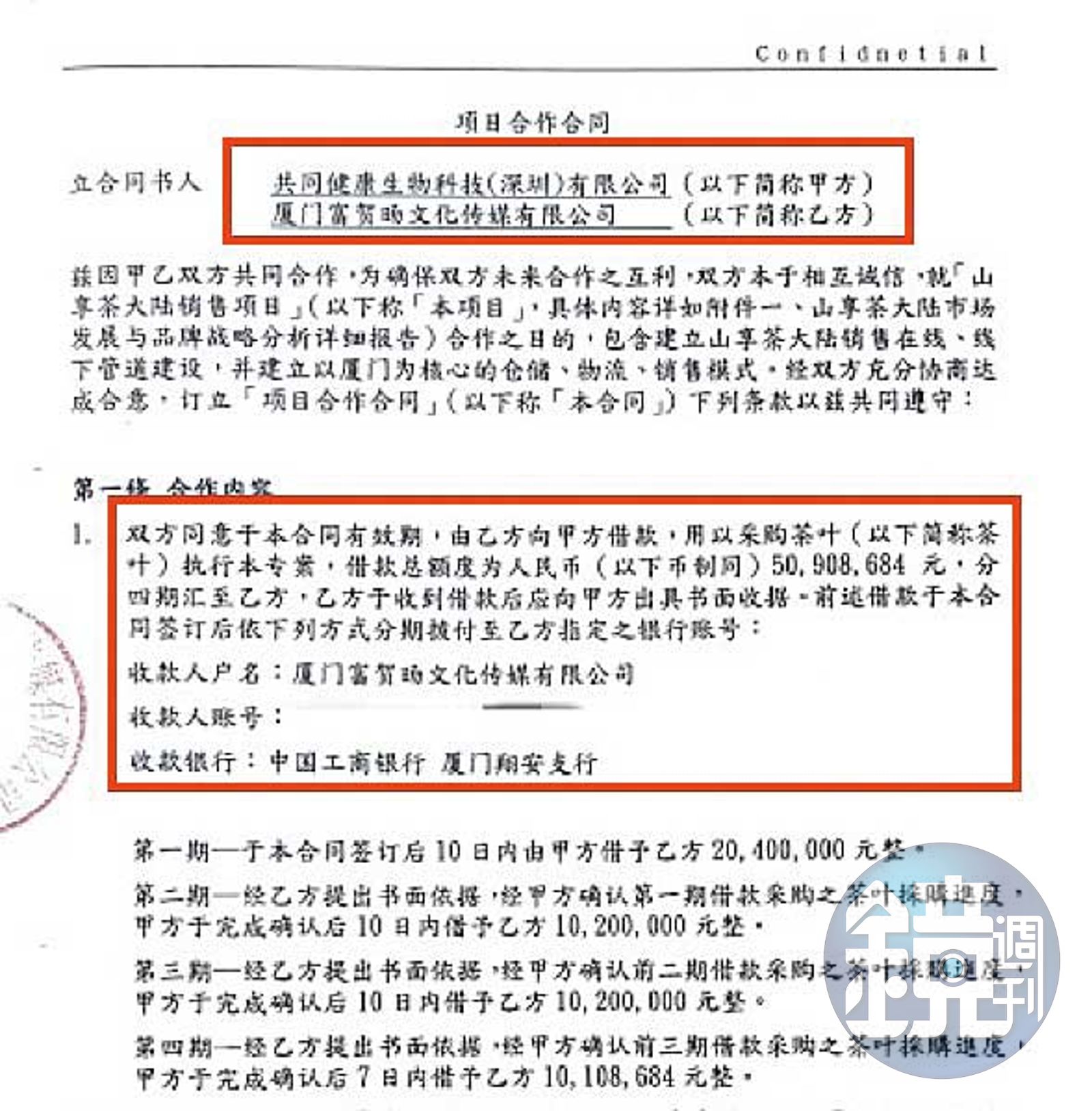 本刊取得採購合約，其中一份內容顯示雙方簽訂借貸合約，茶葉則是擔保品。（圖／鏡週刊）