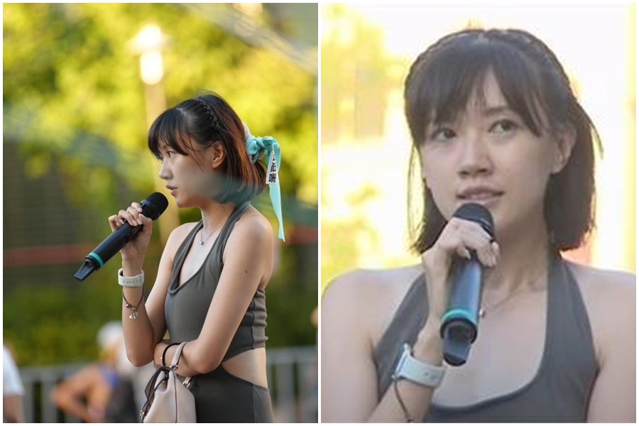 一名「小草正妹」上台發表感言，因中英文夾雜的「晶晶體」引發討論。（翻攝自陳智菡 Vicky臉書、翻攝畫面）