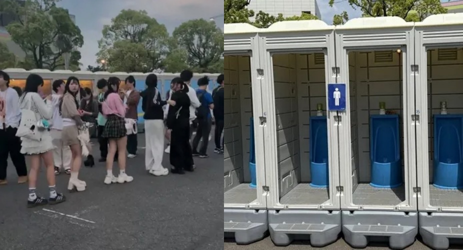 現場畫面顯示，一整排無門流動廁所直接設置在粉絲排隊動線旁，讓男生如廁過程被迫在女粉絲面前公開演出。（翻攝自X）