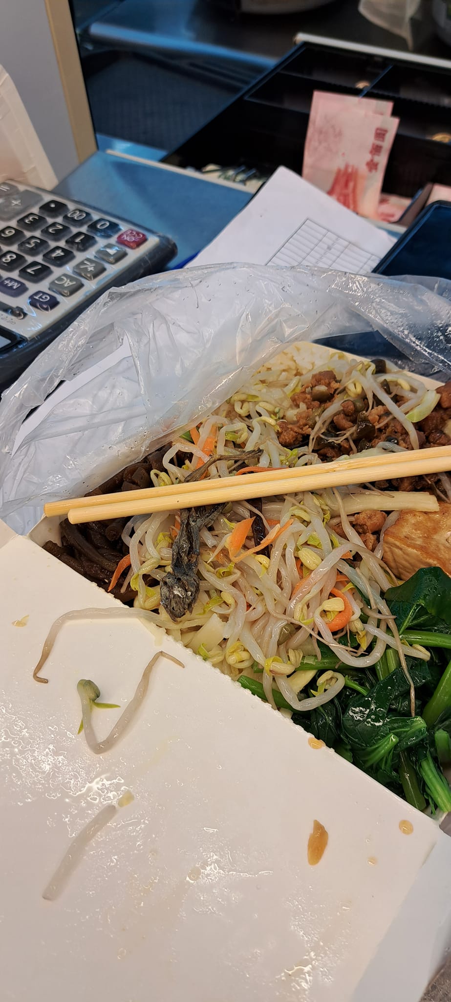 有消費者購買自助餐，確在餐盒內驚見壁虎乾屍。（翻攝自我是左營人臉書粉專）