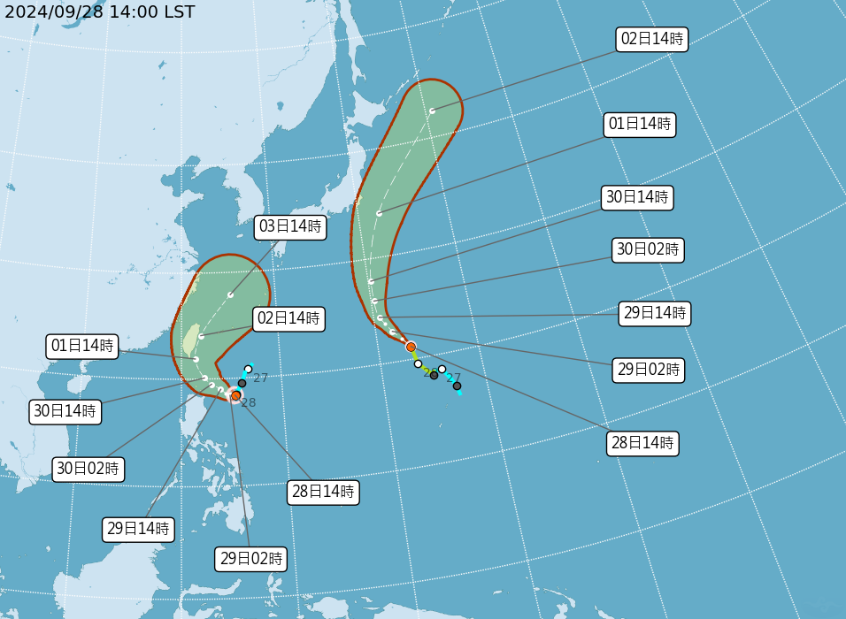 輕颱山陀兒目前中心位於在北緯18.4度，東經125.3度，以每小時4公里速度，向西南西進行。（中央氣象署提供）