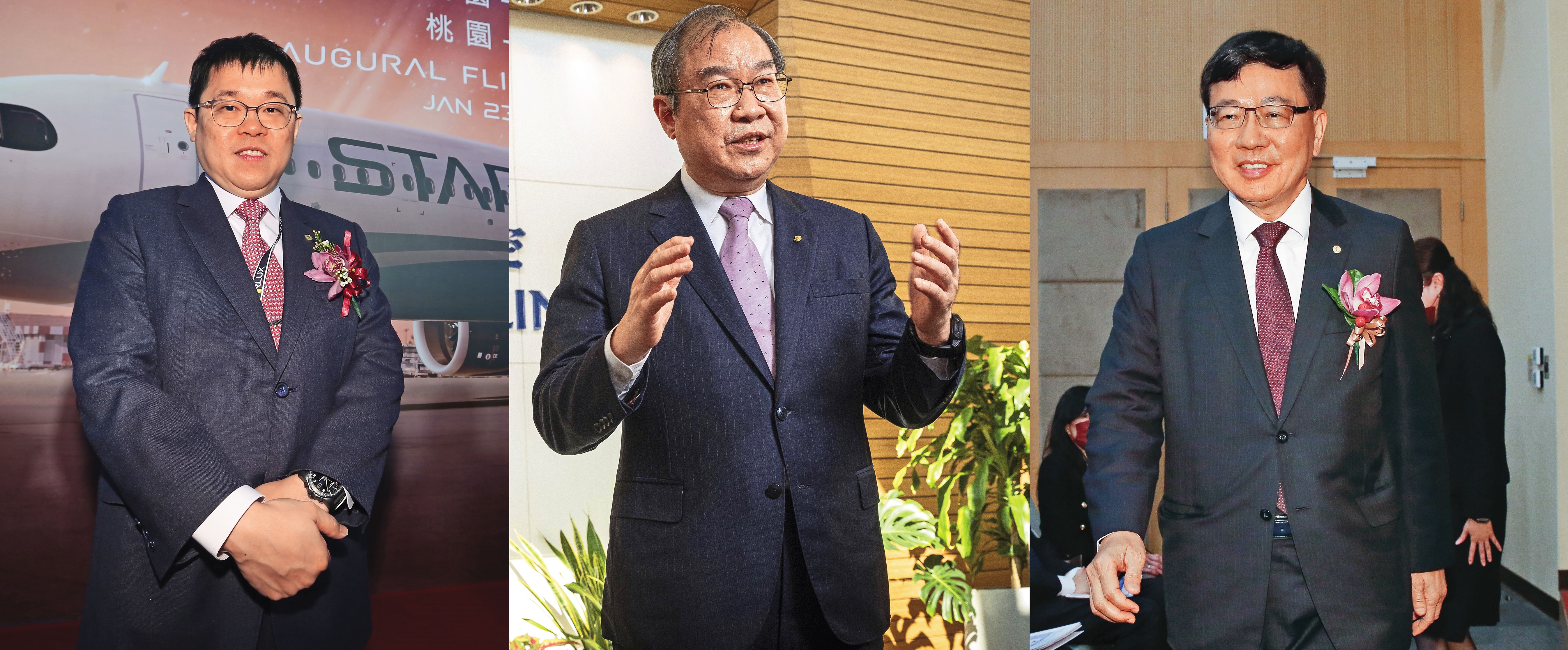航空三雄紛紛搶進北美市場,為台灣航空業開啟新戰局。(左起,星宇航空董事長 張國煒、中華航空董事長 高星潢、長榮航空董事長 林寶水)