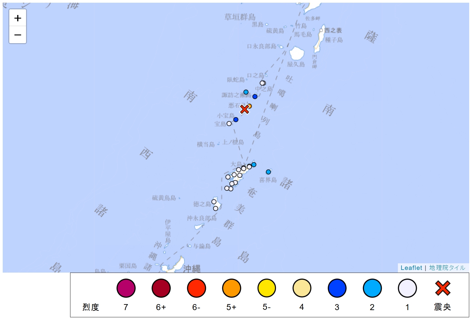 日本鹿兒島縣吐噶喇列島外海於當地時間下午1點11分發生規模5.4地震。（翻攝自日本氣象廳）