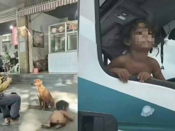 日前，中國四川雅西高速石棉服務區有人目擊到一名約3歲的男孩全身赤裸，像狗一樣四肢著地爬行。（翻攝自微博）