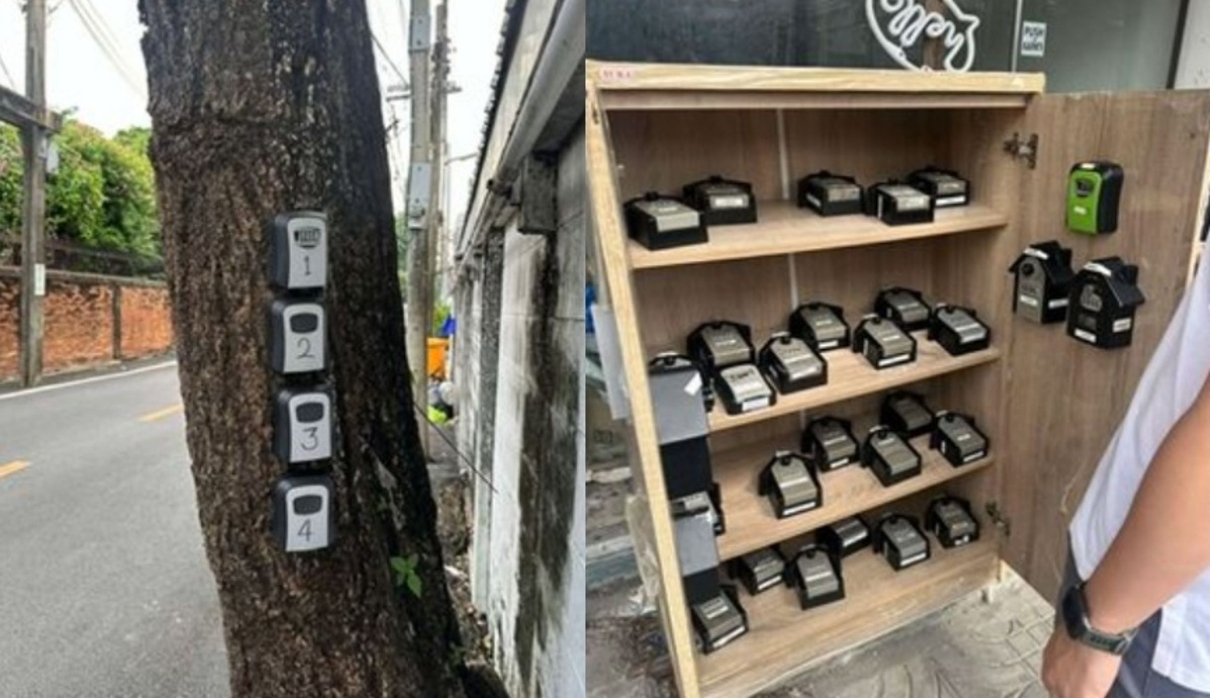 泰國曼谷違法短租為規避管理,房東鋌而走險擺密碼盒,其在街頭出現並用神祕木箱裝著,宛如街頭版Airbnb。(翻攝自臉書)