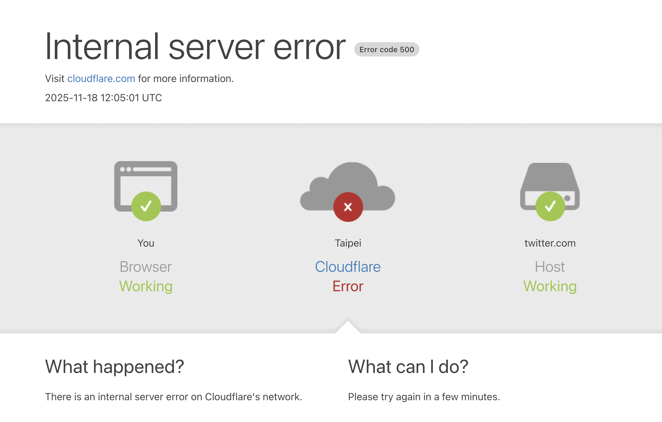 Cloudflare台北節點出現異常，導致部分網站跳出「500錯誤」無法連線。（翻攝畫面）