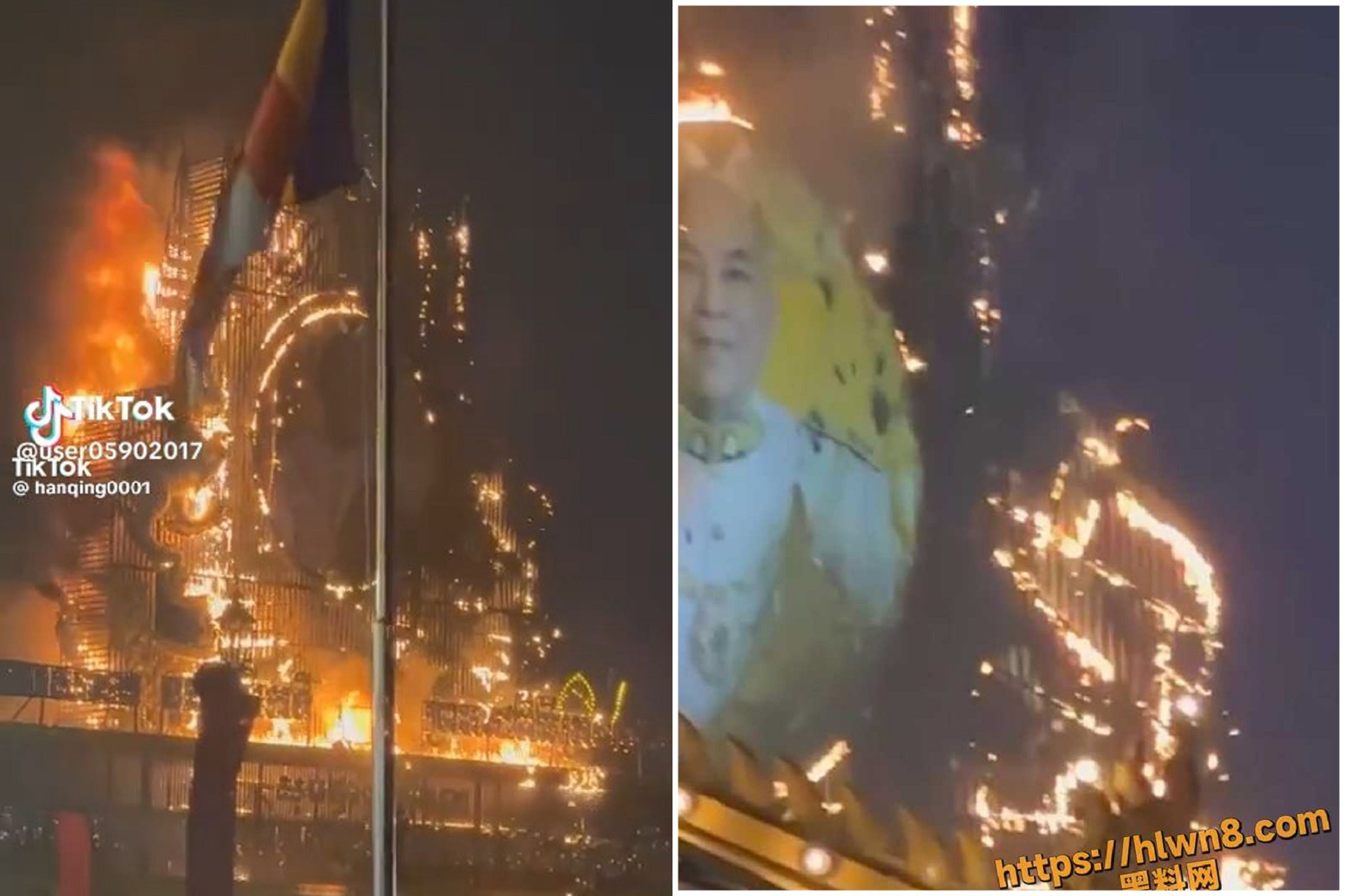 跨年夜「發爐」頻傳!柬埔寨皇宮遭煙火射到火災,國王像被燒毀。(翻自抖音)