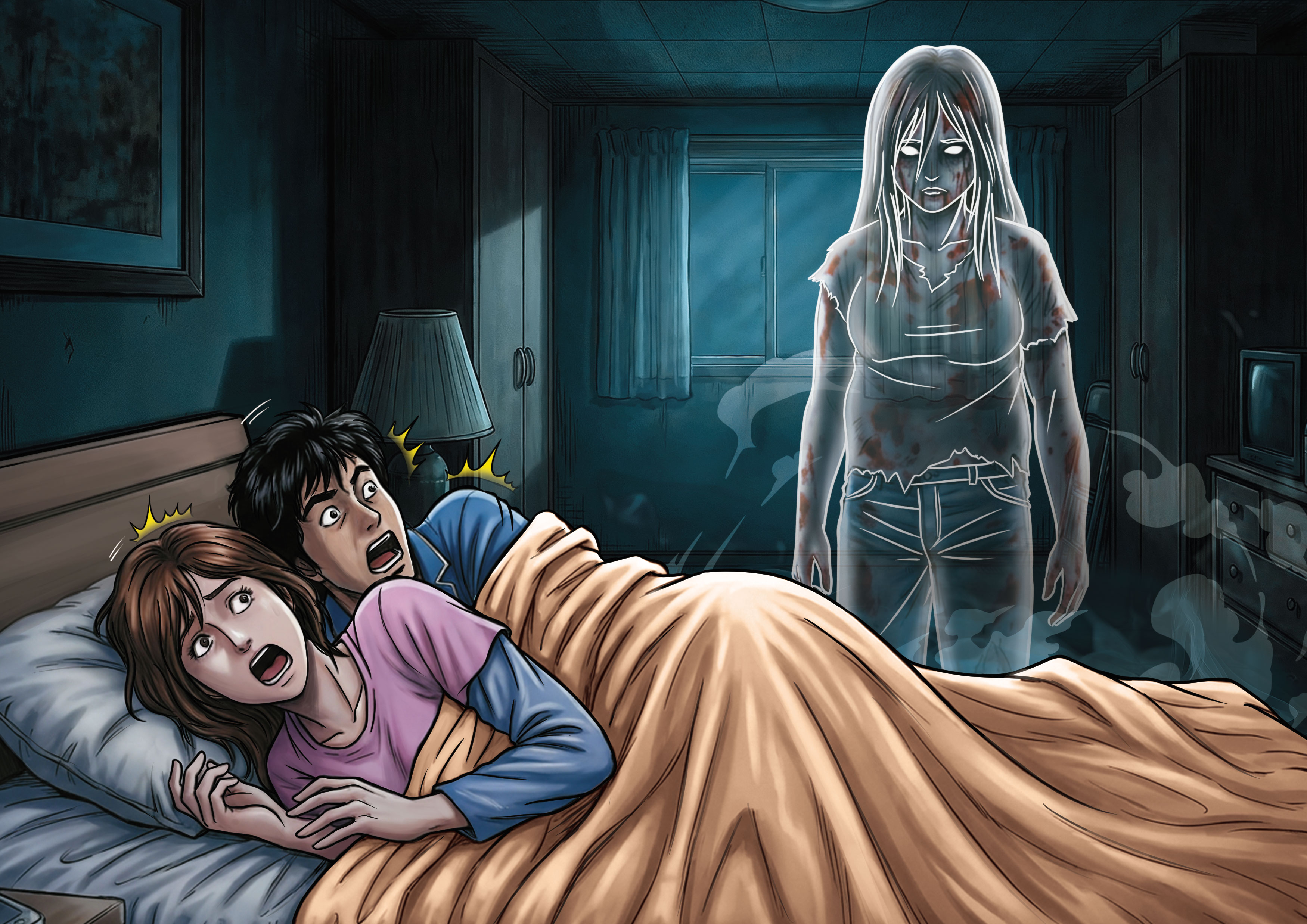 情侶檔凶手說，每晚都看見死者渾身是血站在床邊，讓他們嚇到不敢闔眼。（示意畫面，AI繪圖Freepik生成，本刊美術組後製）