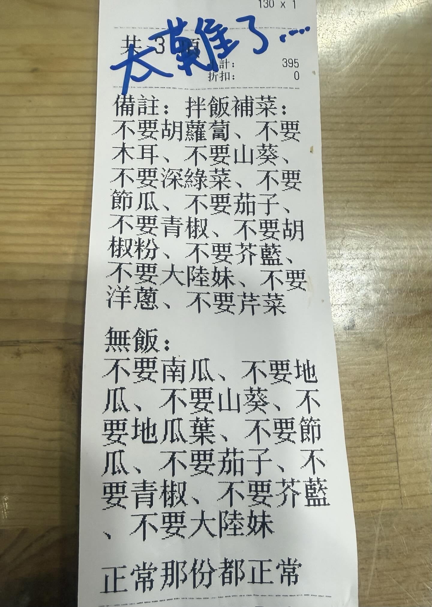 台南一家健康餐盒店家，日前收到一張備註寫滿「不要」的訂單，老闆發文自嘲「客製到懷疑人生」。（業者授權提供）