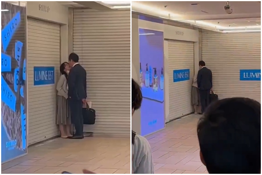 東京新宿車站內一對男女在角落親吻，不雅畫面被圍觀人群拍下上傳。（翻攝自X）