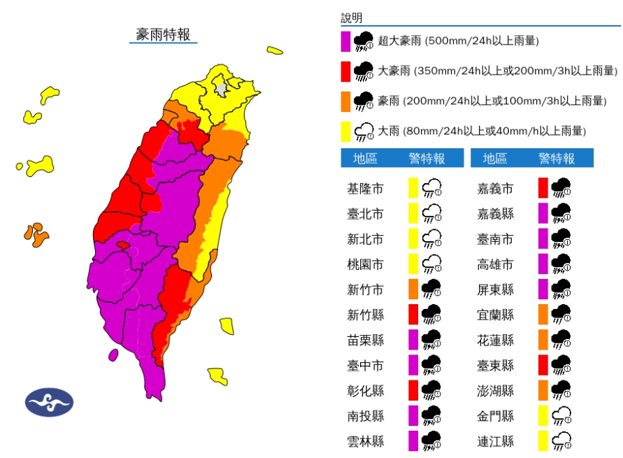 氣象署25日04:40發布全台豪雨特報。（中央氣象署提供）