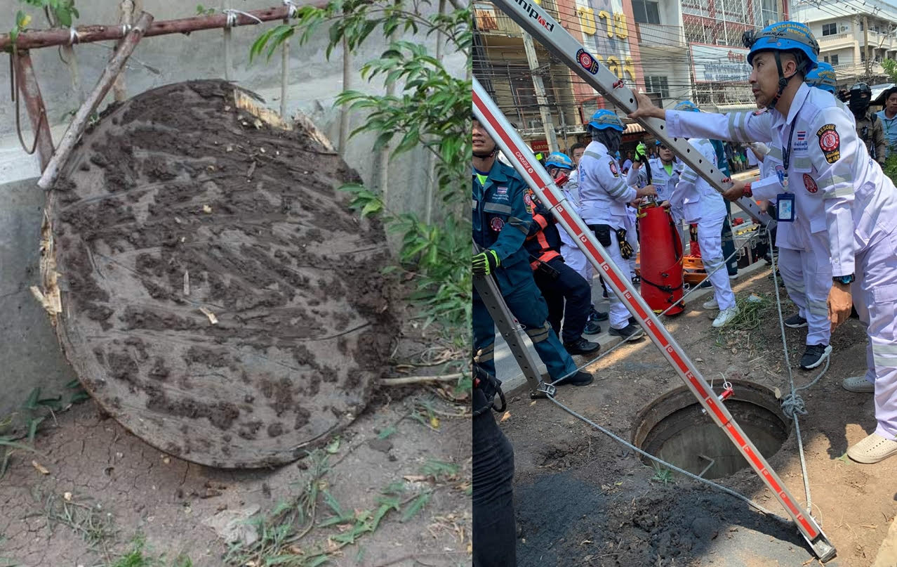 曼谷驚傳有路人踩到木製人孔蓋，摔落20公尺深的地下管道慘死。（翻攝X@KhaosodEnglish）