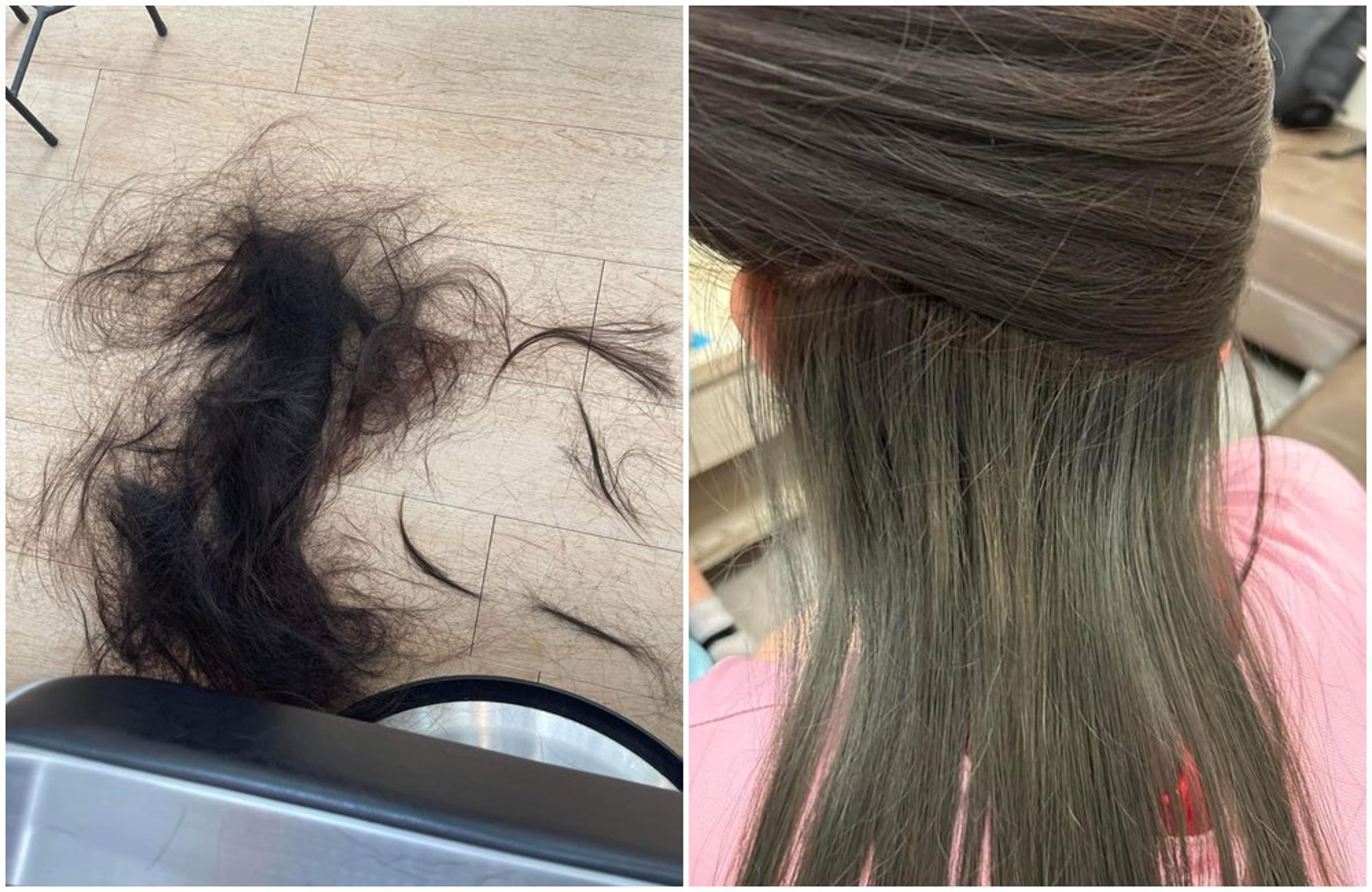 國中生媽媽貼出女兒染髮前(左圖)與染髮後(右圖)照片,質疑髮廊收9,800元是怎麼算的?(翻攝「爆怨公社」臉書社團)