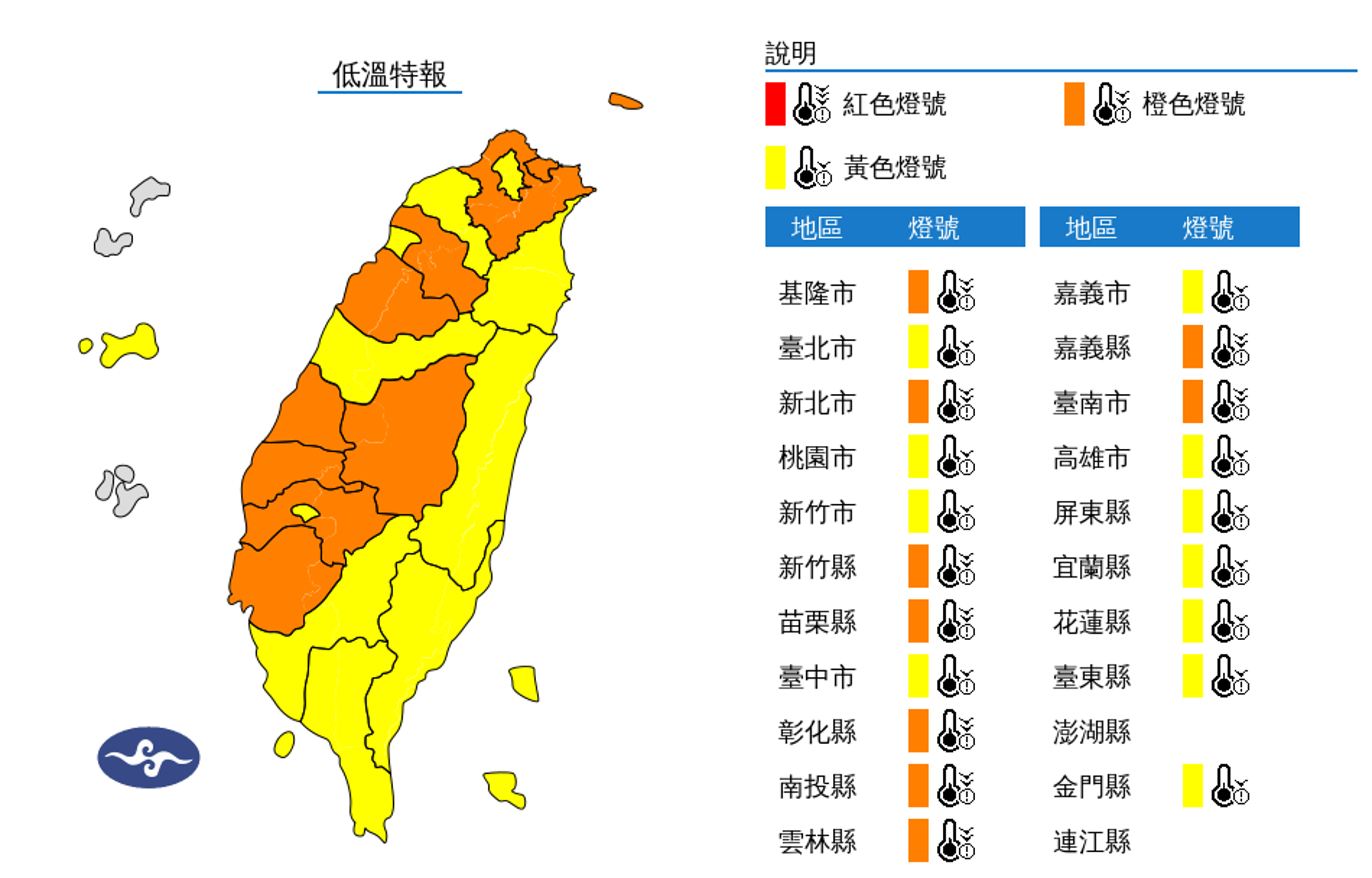氣象署今清晨針對20縣市發布低溫特報。(中央氣象署提供)