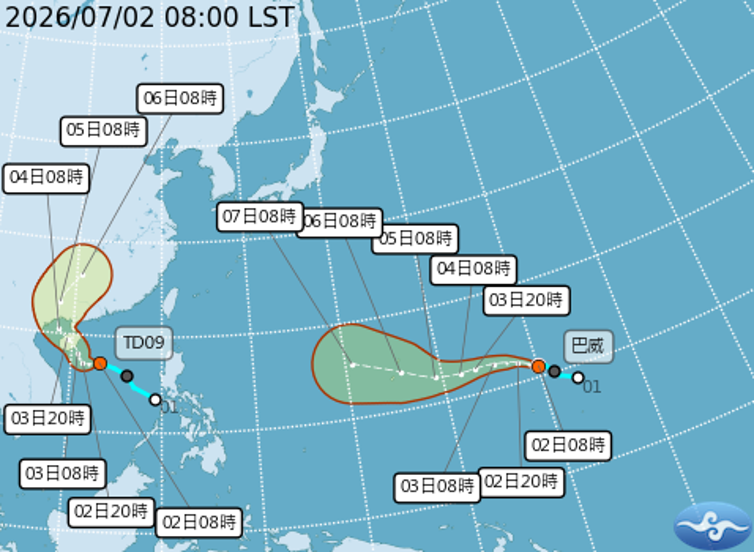 位於關島附近的熱帶性低氣壓已於今(2日)上午8時增強為今年第9號颱風「巴威」(Bavi)。(翻攝自中央氣象署)
