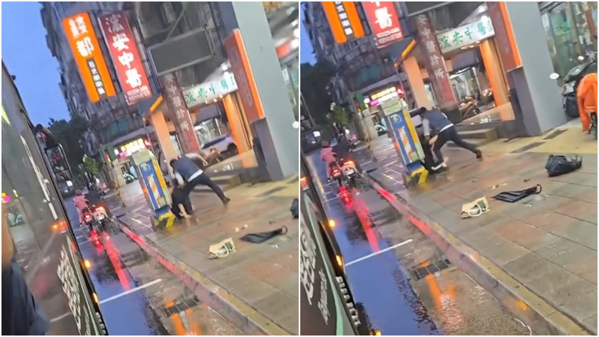 目前不清楚雙方事發前對話，只知道兩人在街頭互毆。（翻攝自Threads ＠qn_taiwan）