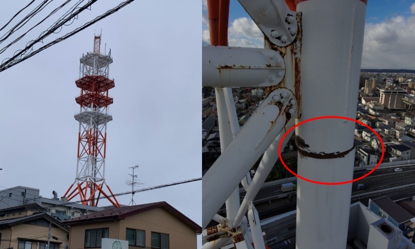青森強震後，NTT八戶大樓屋頂鐵塔被發現主要支柱斷裂，引發周邊住戶緊急撤離。（翻攝自NTT東日本官網）