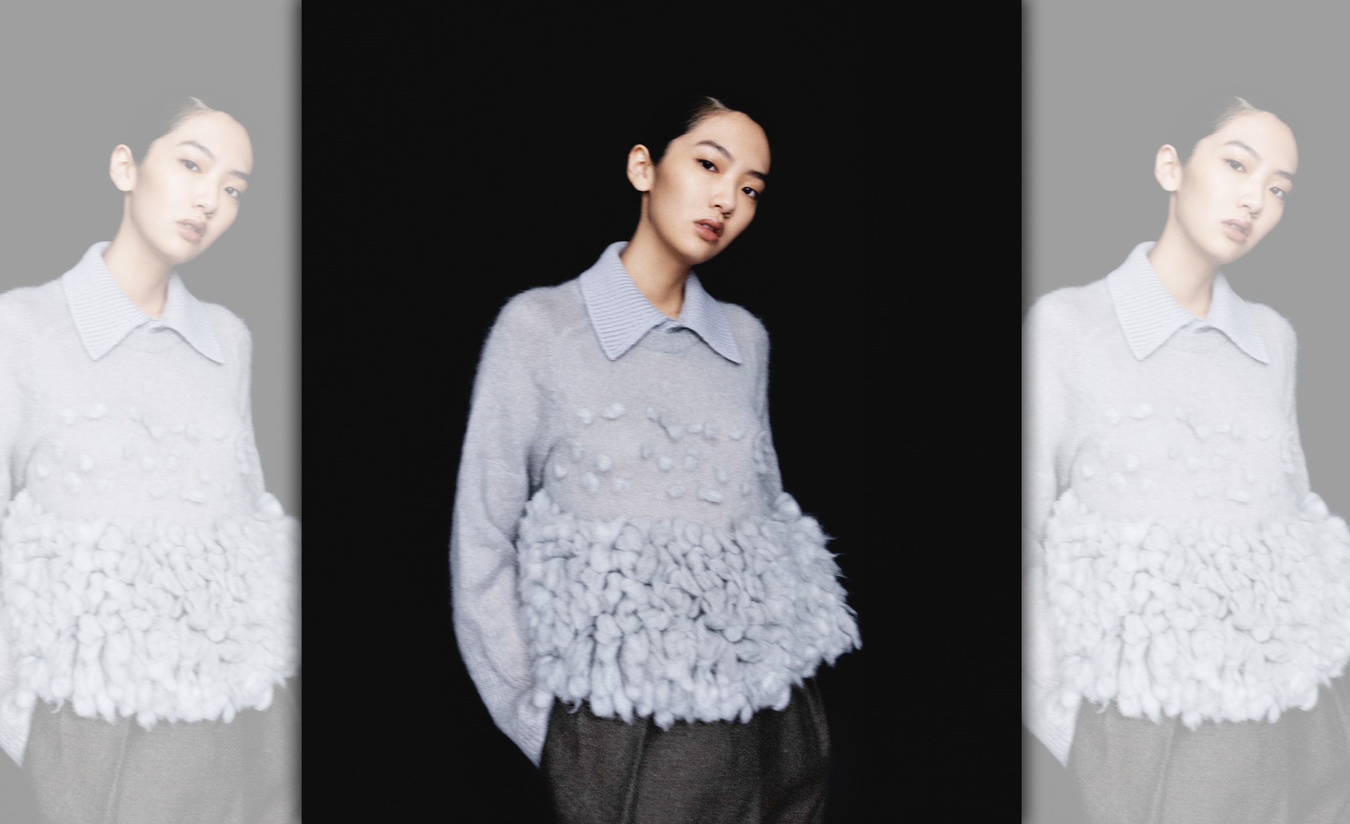 灰色不規則下襬毛衣 NT$123,000 、深灰色打褶長褲 價格店洽all by LOEWE。