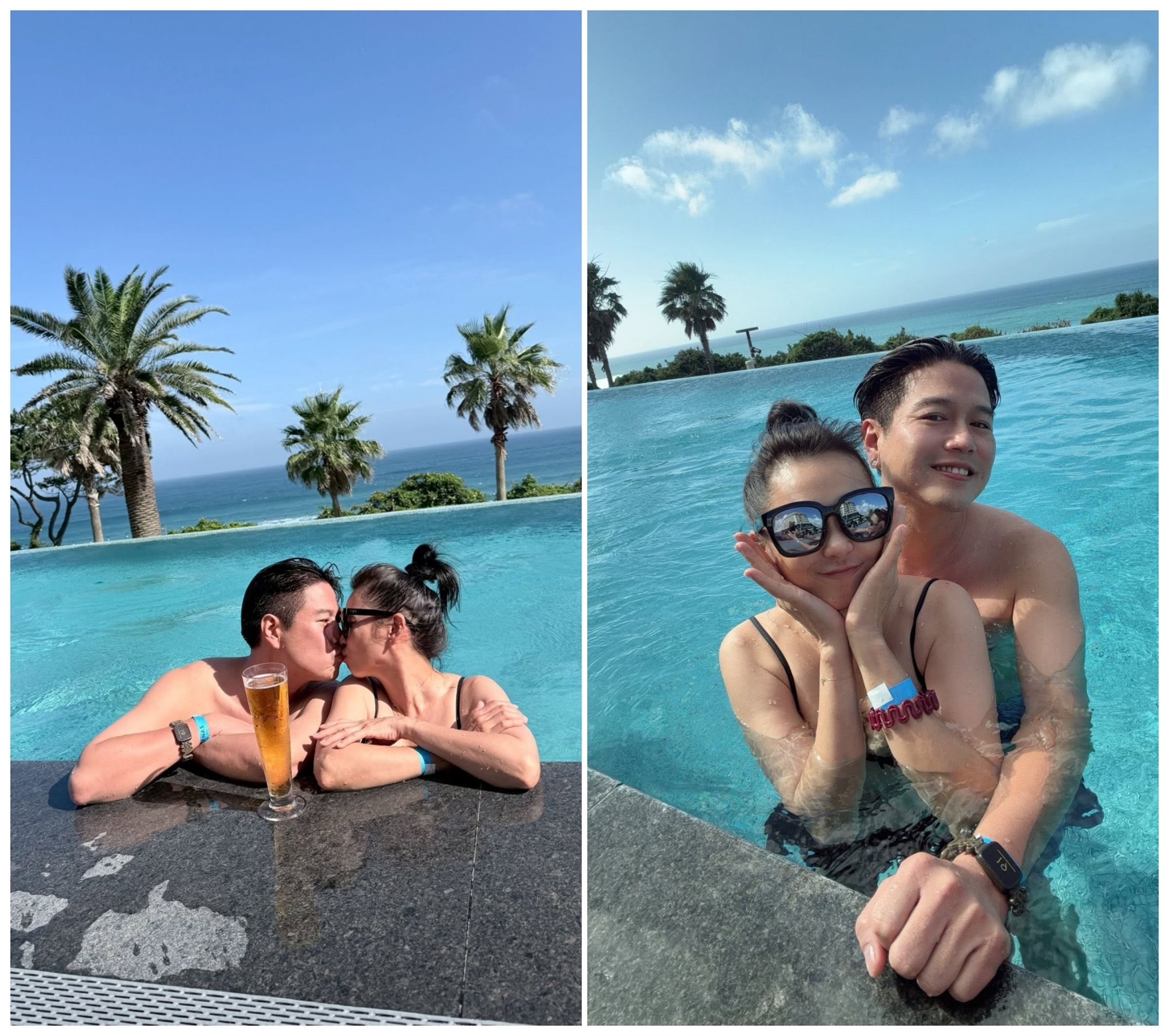 李易分享濟州島旅行美照，與六月在泳池深情接吻、甜蜜依偎。（李易臉書）