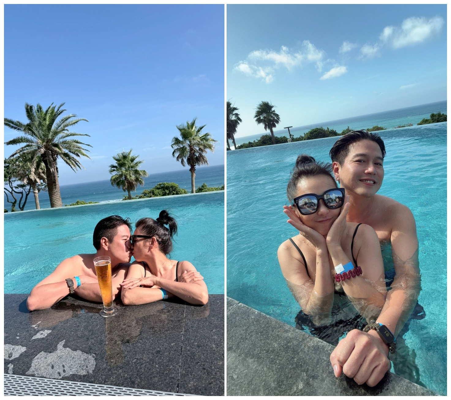 李易分享濟州島旅行美照，與六月在泳池深情接吻、甜蜜依偎。（李易臉書）