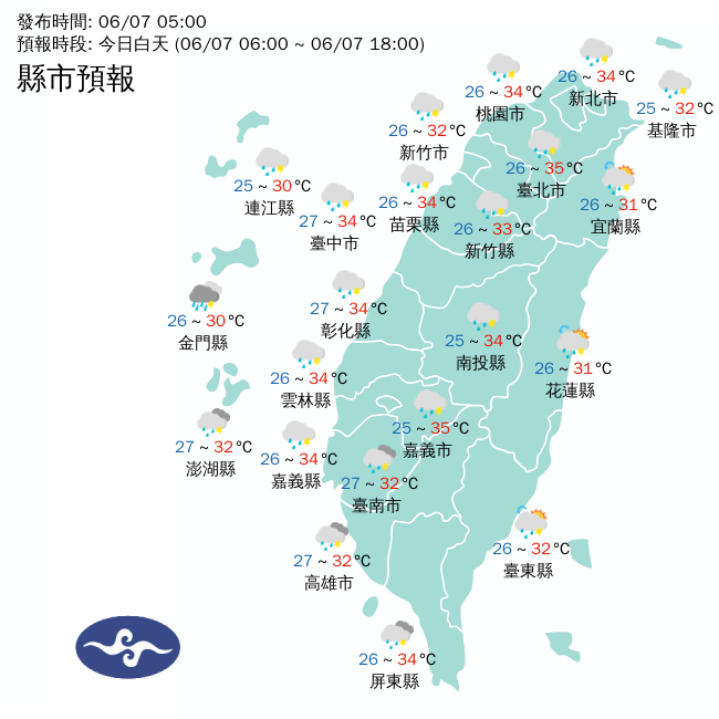 7日受低壓帶及西南風影響，各地天氣不穩定，西半部有局部短暫陣雨或雷雨，午後北部、東半部及山區須留意大雨或短延時豪雨。（中央氣象署提供）