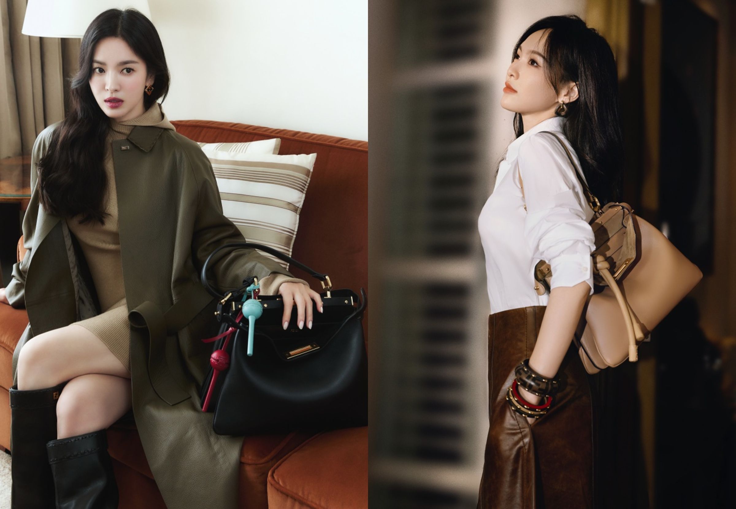 (左起)擔任FENDI品牌形象大使的宋慧喬、唐嫣以不同的氣場詮釋Peekaboo Soft。(FENDI提供)