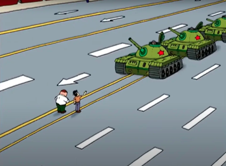美國動畫片「Family guy」中影射六四天安門事件。(翻攝YouTube)