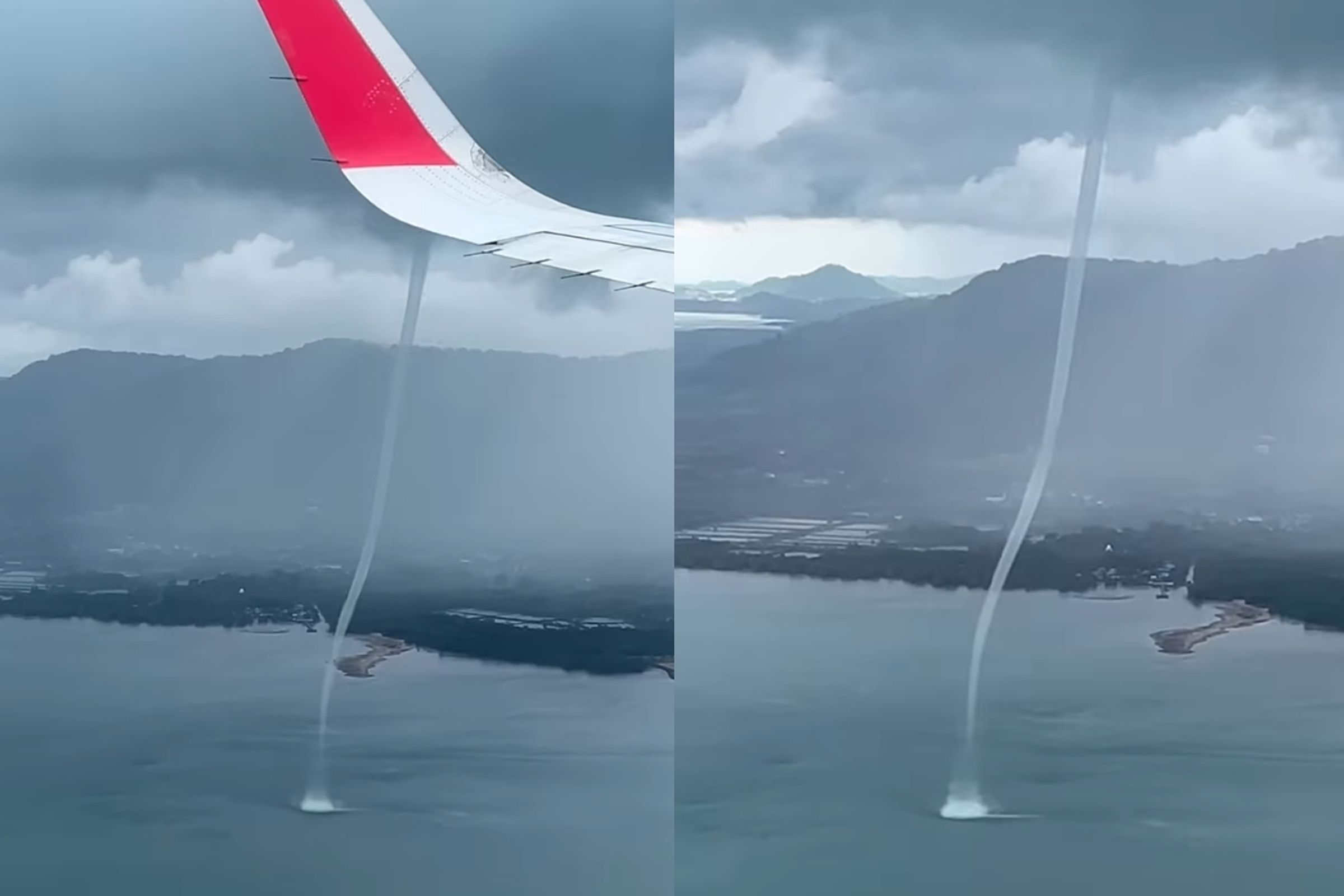 班機即將降落普吉國際機場前夕，突遇海面上出現龍捲風。（翻攝自Focus Khonkaen FB）