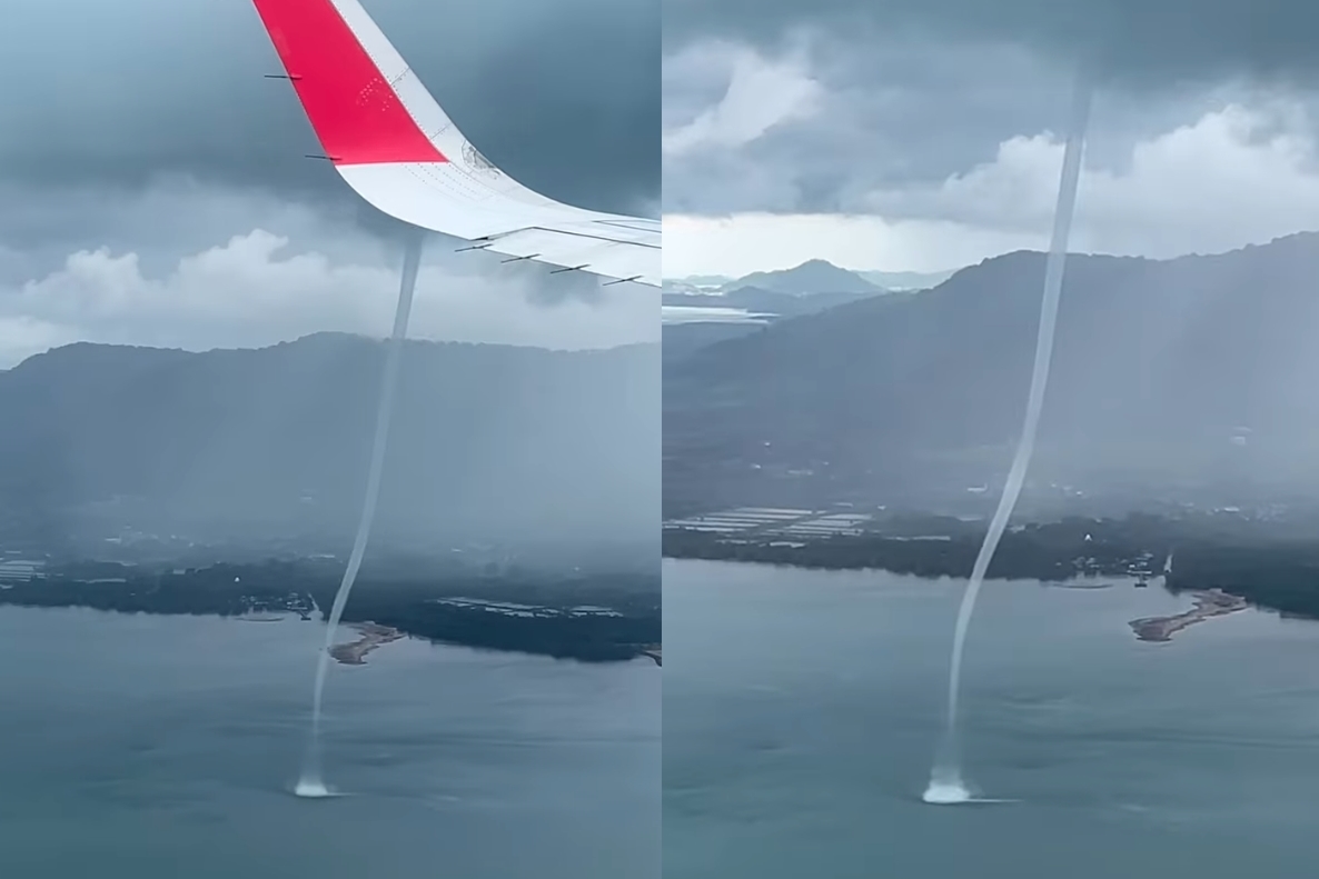 班機即將降落普吉國際機場前夕，突遇海面上出現龍捲風。（翻攝自Focus Khonkaen FB）