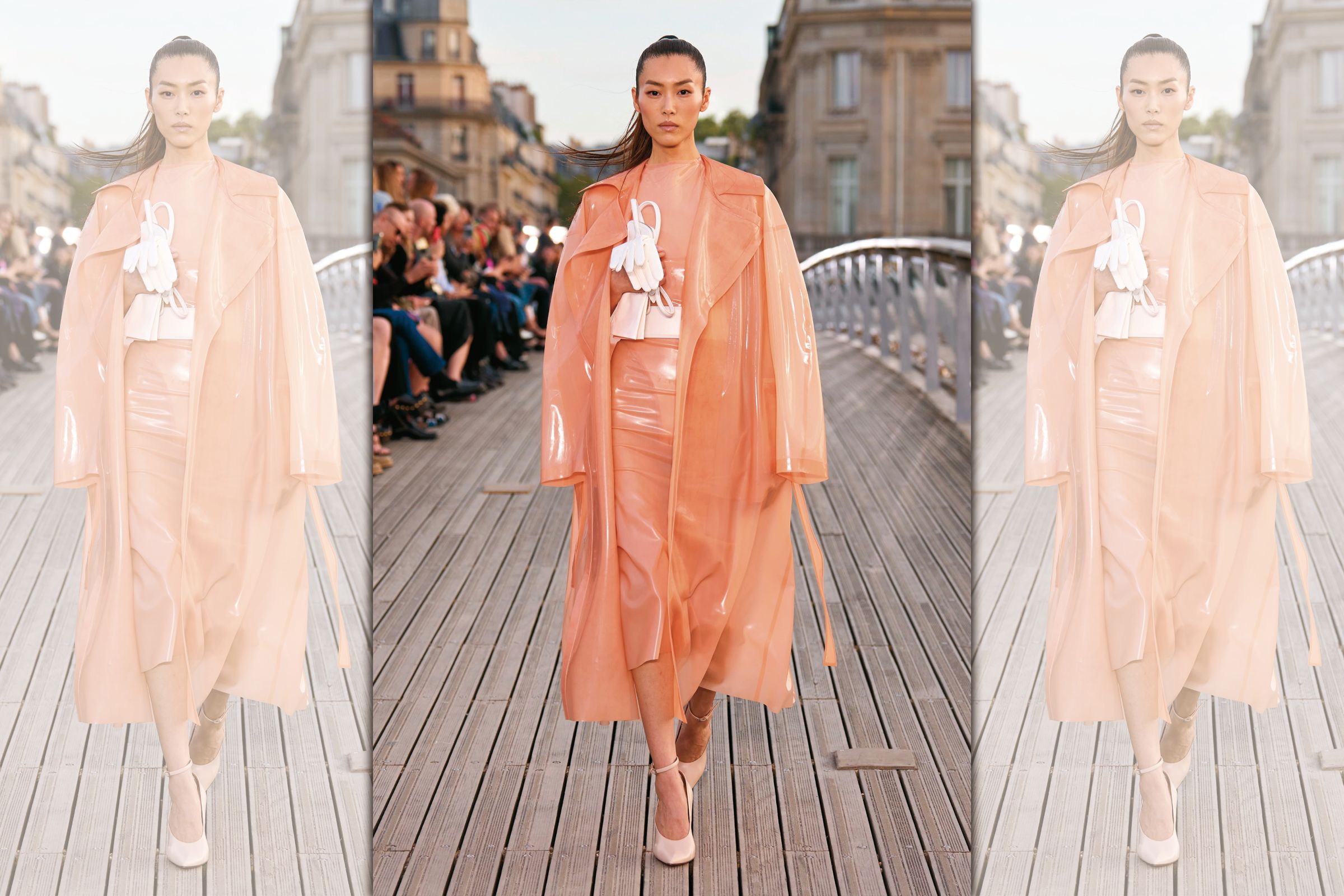Pantone公布2024年度代表色為「柔和蜜桃」。Alaïa冬秋系列創作透膚華服,由中國超模劉雯演繹。(Alaïa提供)