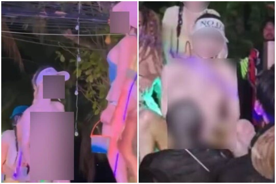 「無罩」女子疑似酒醉當眾脫掉比基尼，露出長輩。（翻攝自X）