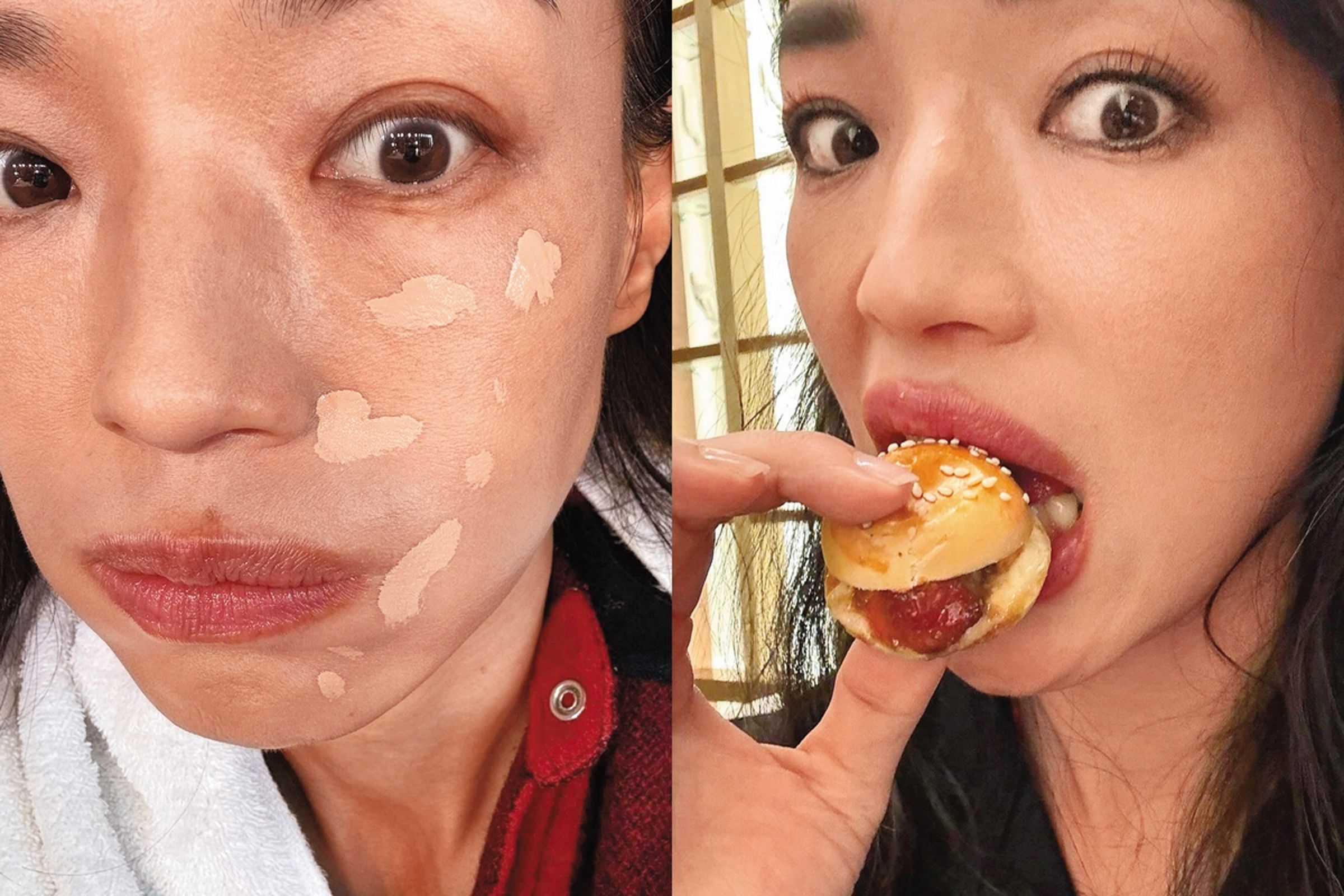 舒淇秀出未上底妝與大吃漢堡的真面目,零濾鏡也沒P圖,笑說:「小漢堡不胖。」(翻攝自舒淇IG)
