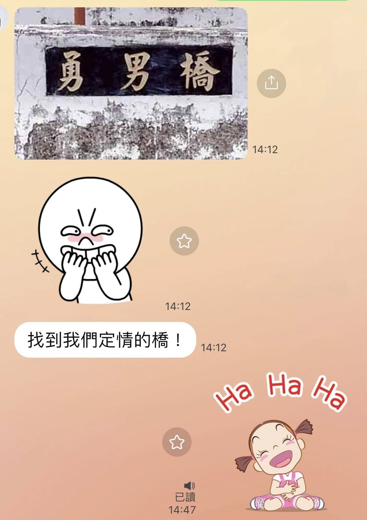 陳子強PO出名為「勇男橋」的照片,對B小姐說:「找到我們定情的橋」。(讀者提供)