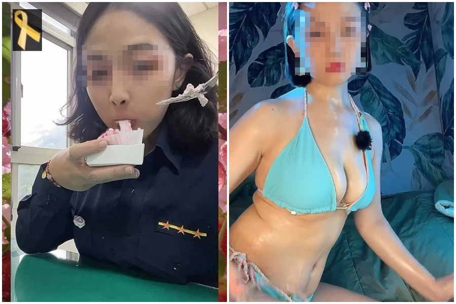 桃園一名洪姓女警在也社群發文悼念，卻將胸部放在桌上吃甜點，引發網友質疑消費死者，如今社群辣照也被挖出。（翻攝自當事者社群）