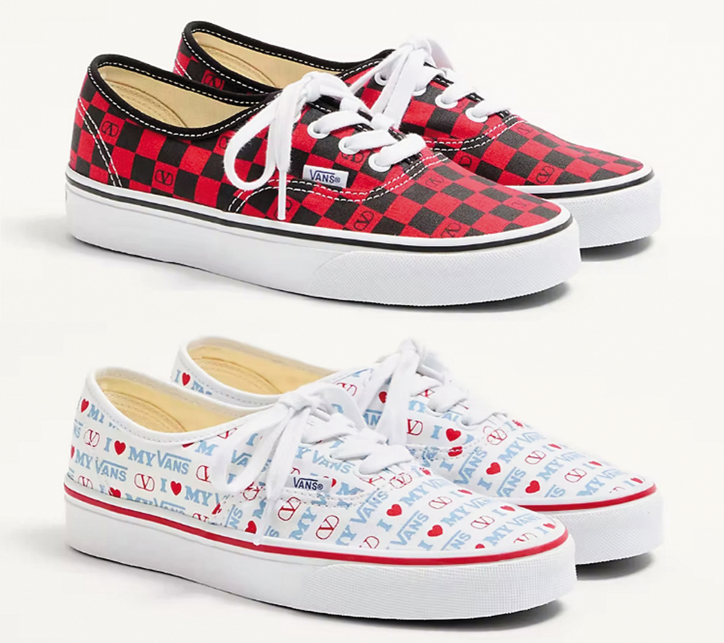 VALENTINO X Vans聯名系列,除了有經典的棋盤格設計(上),亦有清新路線的標語版。(下)(翻攝自VALENTINO官網)