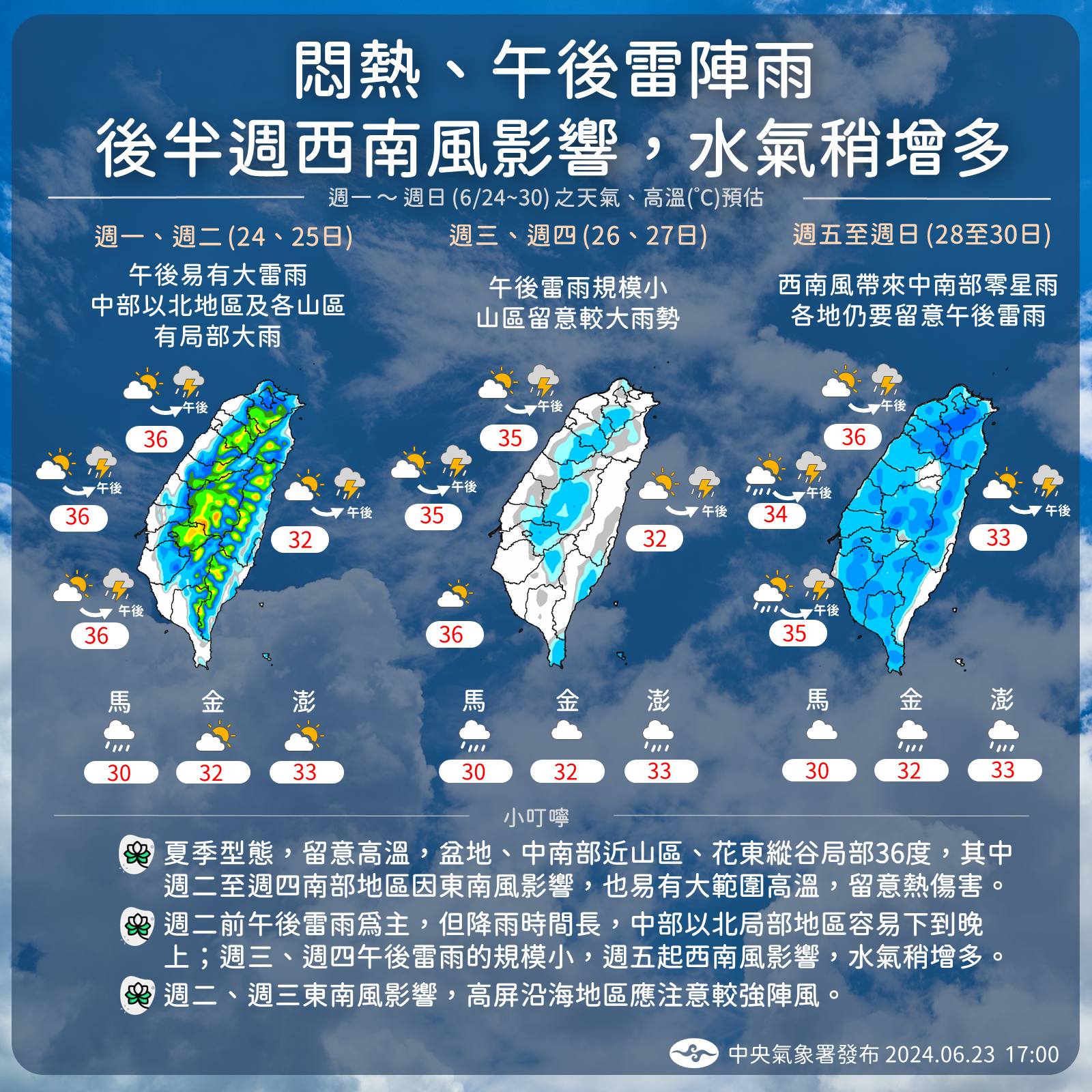 未來一週天氣仍悶熱,需留意午後雷陣雨。(中央氣象署提供)