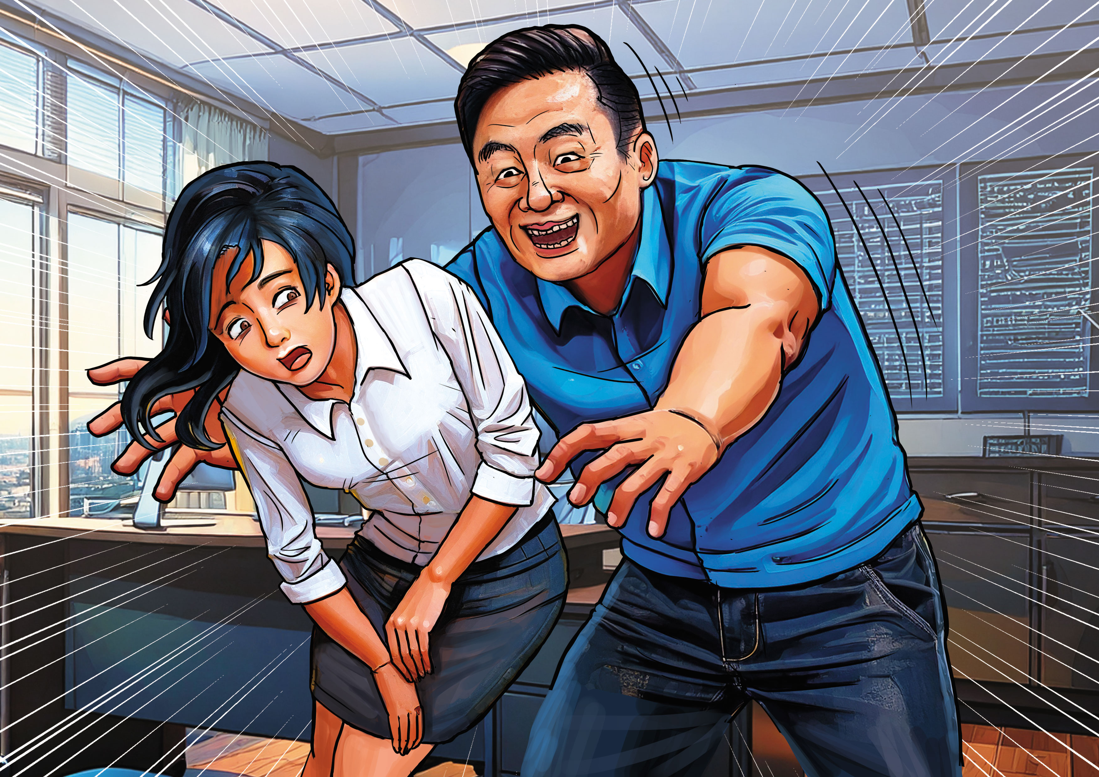 李健育在個人獨立的辦公室內，對女員工猥褻或性侵得逞。（AI繪圖Adobe Firefly生成，本刊美術組後製）