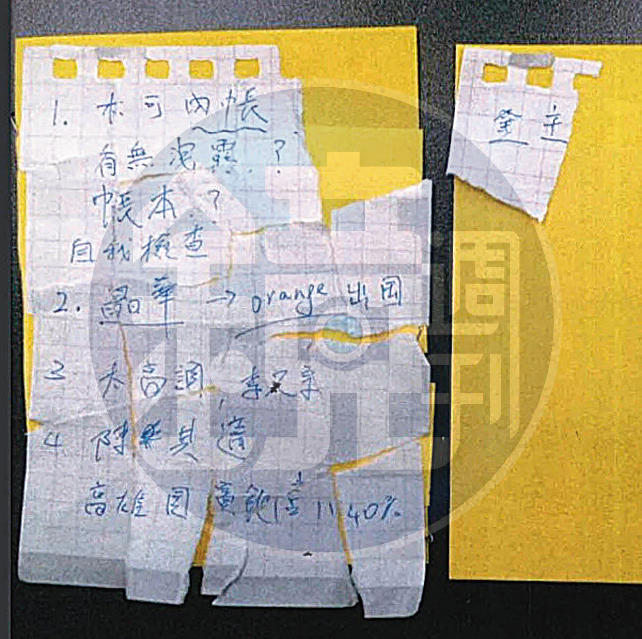 被撕碎的柯文哲手諭紙條除寫著「Orange出國」,還提及木可內帳及高雄國賓飯店,大有串證帶風向味道。