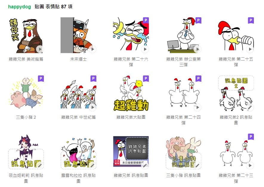 為了拓展收入來源，黃天嶸以「Happydog」為名，推出多款LINE貼圖。（翻攝自LINE貼圖）